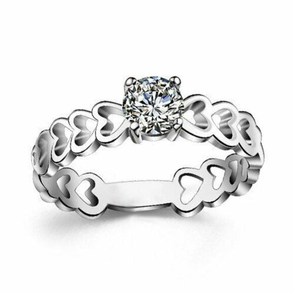 🌸Lovely Anillos Hollow Heart Round Cut Moissanite Eternity Ring for Women, K770 - Picture 1 of 10
